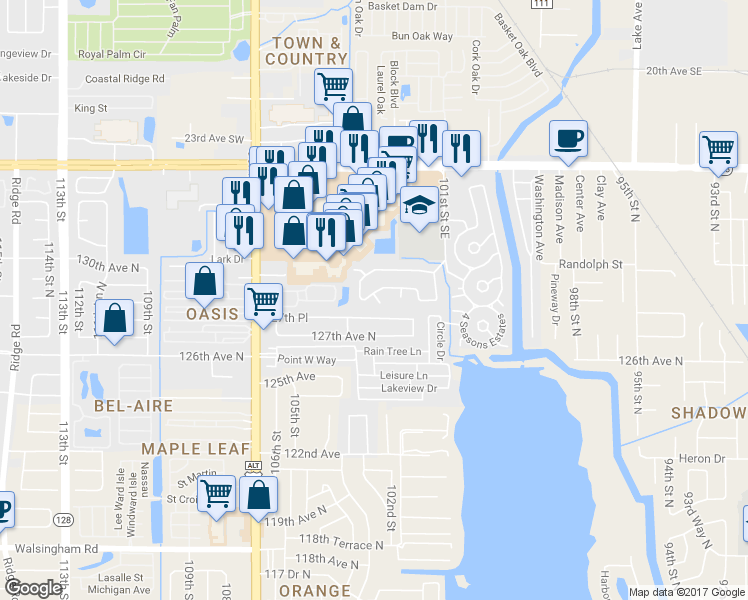 map of restaurants, bars, coffee shops, grocery stores, and more near 12794 102nd Circle North in Largo