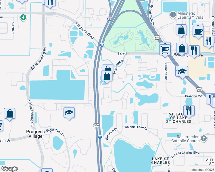 map of restaurants, bars, coffee shops, grocery stores, and more near 6413 Cypressdale Drive in Riverview