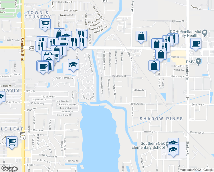 map of restaurants, bars, coffee shops, grocery stores, and more near 12872 Pineway Drive in Largo