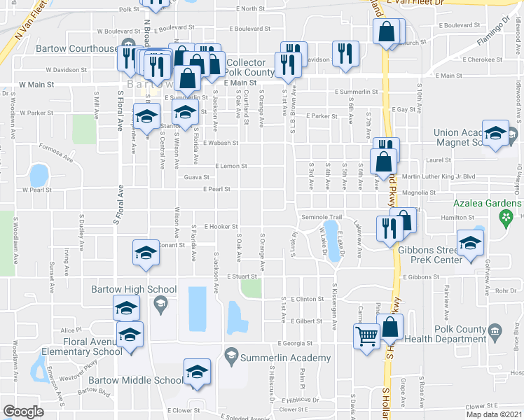 map of restaurants, bars, coffee shops, grocery stores, and more near South Orange Avenue in Bartow