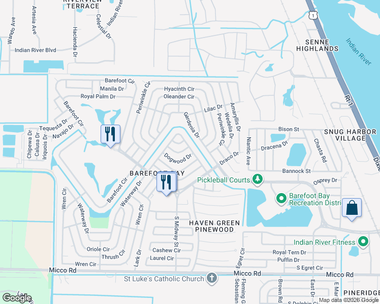 map of restaurants, bars, coffee shops, grocery stores, and more near 900 Dogwood Drive in Sebastian
