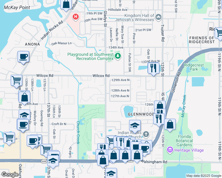 map of restaurants, bars, coffee shops, grocery stores, and more near 12932 128th Avenue North in Largo