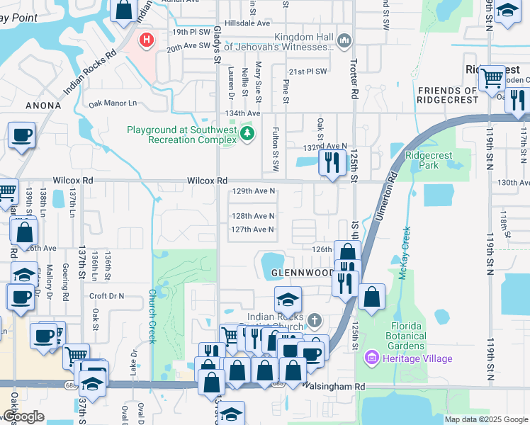 map of restaurants, bars, coffee shops, grocery stores, and more near 12816 128th Avenue North in Largo