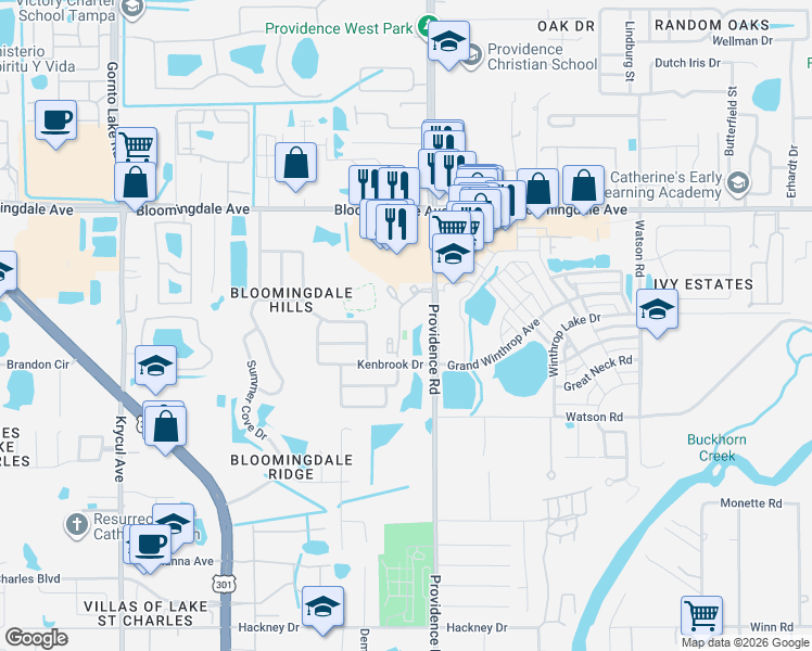 map of restaurants, bars, coffee shops, grocery stores, and more near 6218 Watermark Drive in Riverview