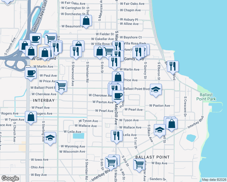 map of restaurants, bars, coffee shops, grocery stores, and more near 5201 South MacDill Avenue in Tampa