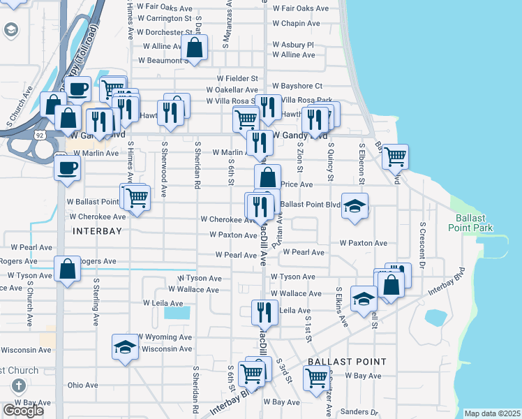 map of restaurants, bars, coffee shops, grocery stores, and more near 5201 South MacDill Avenue in Tampa