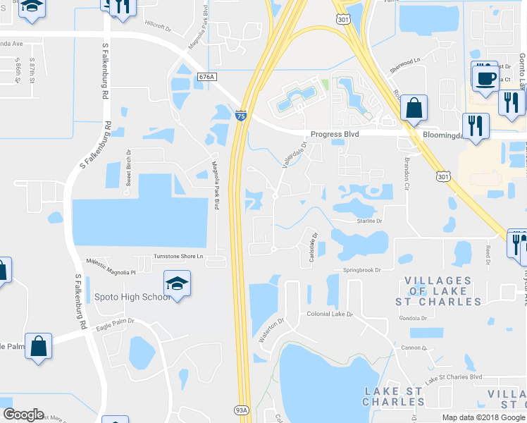 map of restaurants, bars, coffee shops, grocery stores, and more near 6411 Valleydale Drive in Riverview