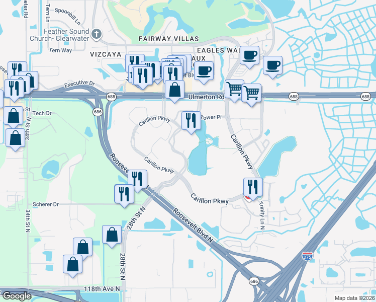 map of restaurants, bars, coffee shops, grocery stores, and more near 940 Lake Carillon Drive in St. Petersburg