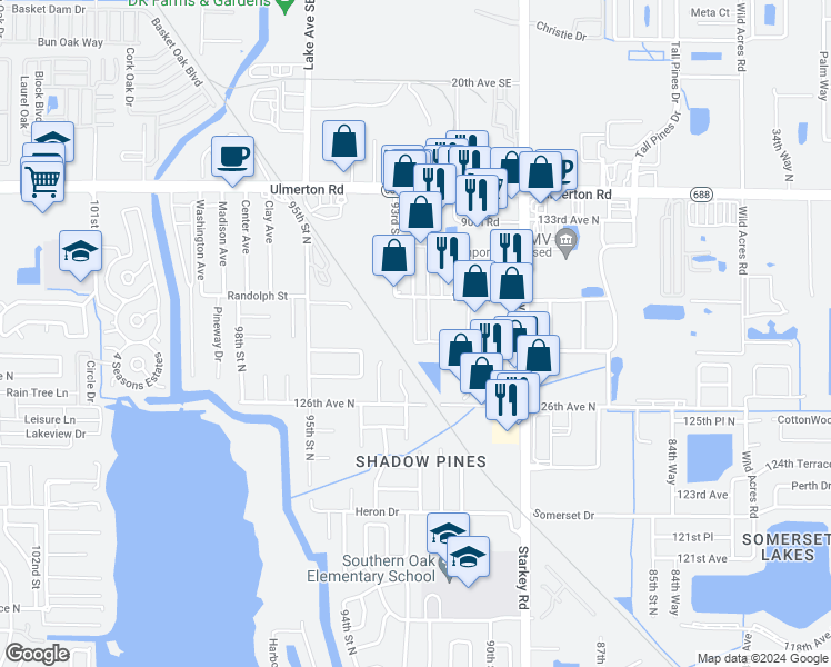 map of restaurants, bars, coffee shops, grocery stores, and more near 11749 92nd Street in Largo