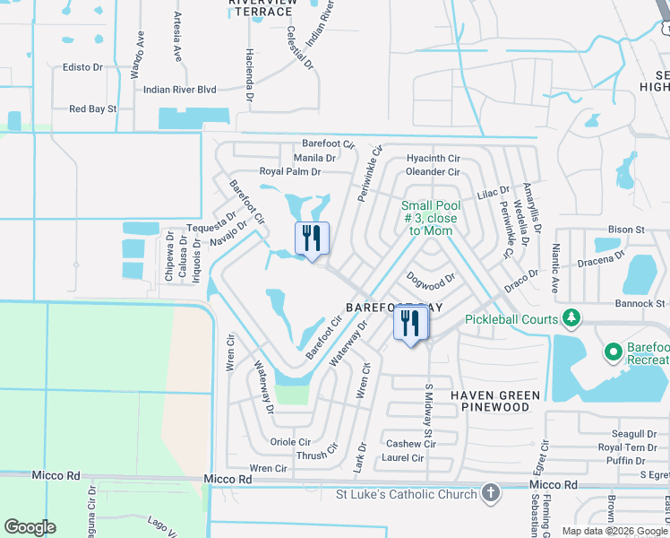 map of restaurants, bars, coffee shops, grocery stores, and more near 1213 Barefoot Boulevard in Sebastian