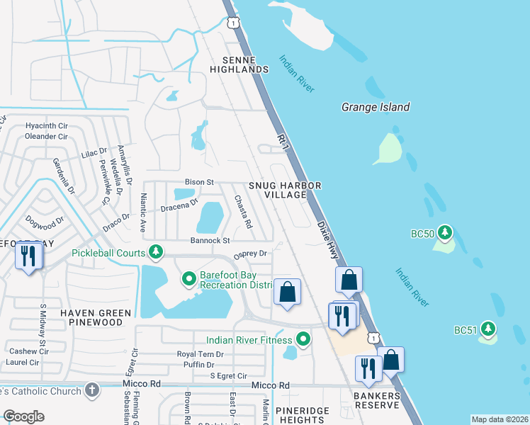 map of restaurants, bars, coffee shops, grocery stores, and more near 7597 Cedar Bark Road in Micco