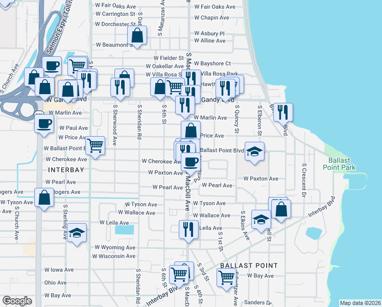 map of restaurants, bars, coffee shops, grocery stores, and more near 5202 South MacDill Avenue in Tampa