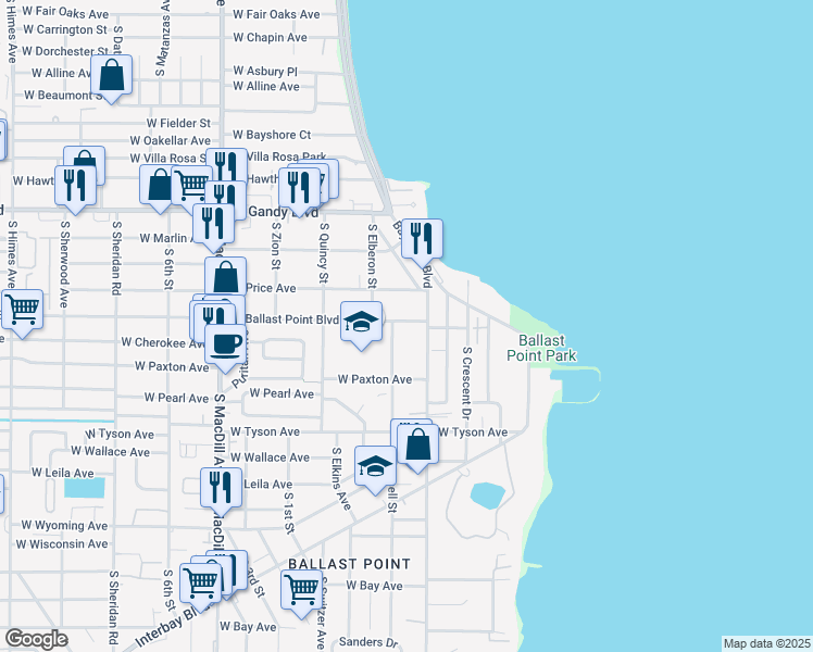 map of restaurants, bars, coffee shops, grocery stores, and more near 2708 West Ballast Point Boulevard in Tampa