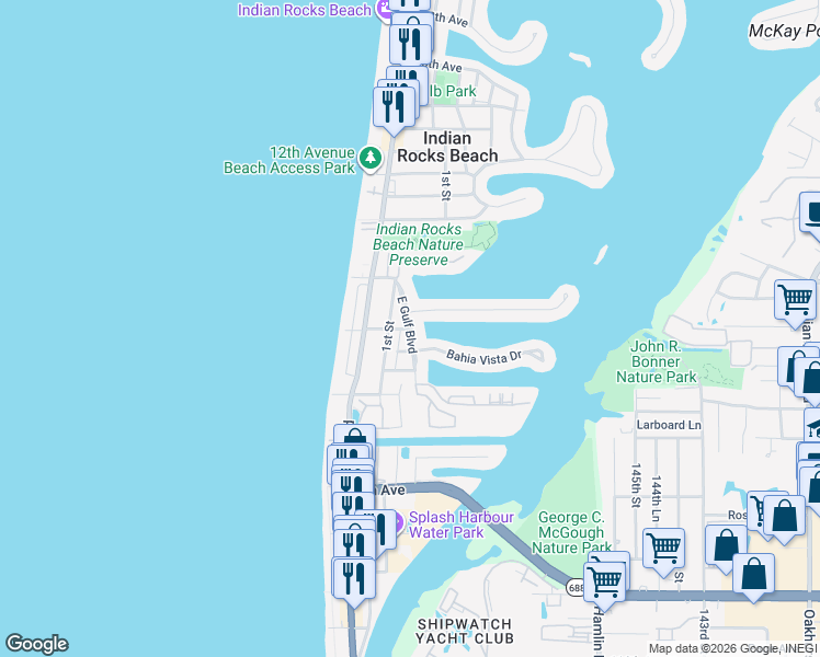map of restaurants, bars, coffee shops, grocery stores, and more near Gulf Boulevard in Indian Rocks Beach
