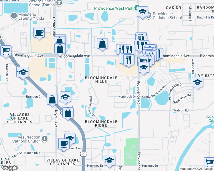 map of restaurants, bars, coffee shops, grocery stores, and more near 10909 Peppersong Drive in Riverview