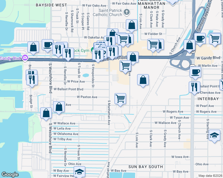map of restaurants, bars, coffee shops, grocery stores, and more near 5110 South Manhattan Avenue in Tampa