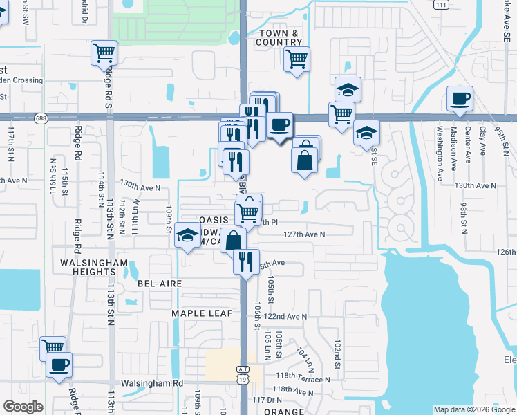 map of restaurants, bars, coffee shops, grocery stores, and more near 12711 Whittington Court in Largo