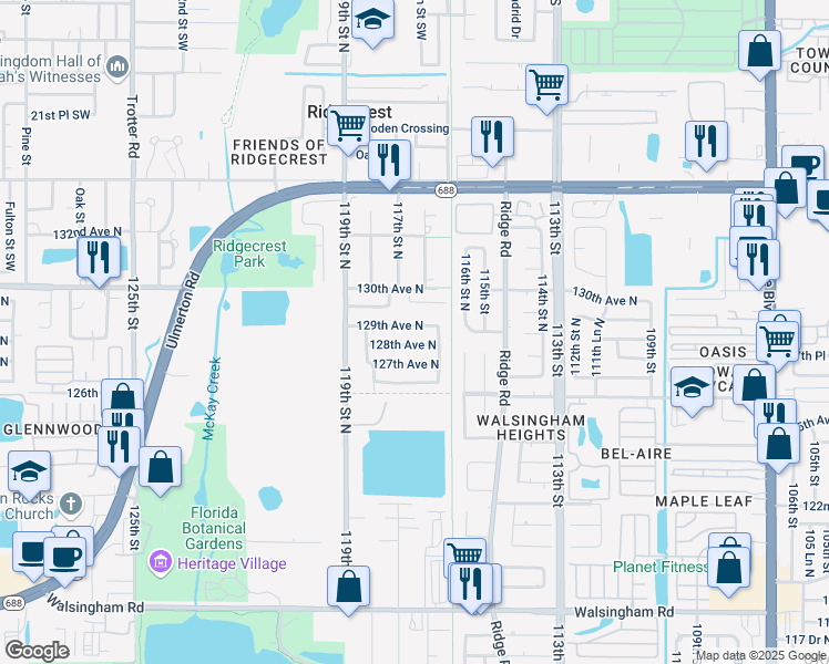 map of restaurants, bars, coffee shops, grocery stores, and more near 11741 128th Avenue North in Seminole