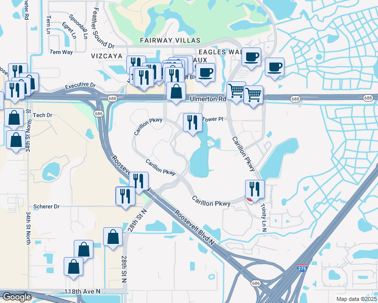 map of restaurants, bars, coffee shops, grocery stores, and more near 970 Lake Carillon Drive in St. Petersburg