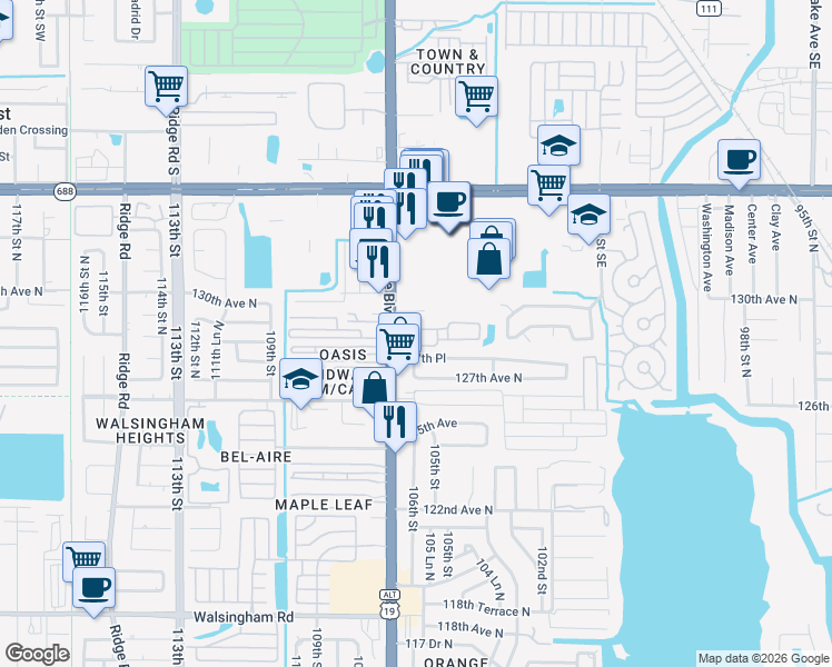 map of restaurants, bars, coffee shops, grocery stores, and more near 10620 Whittington Court in Largo