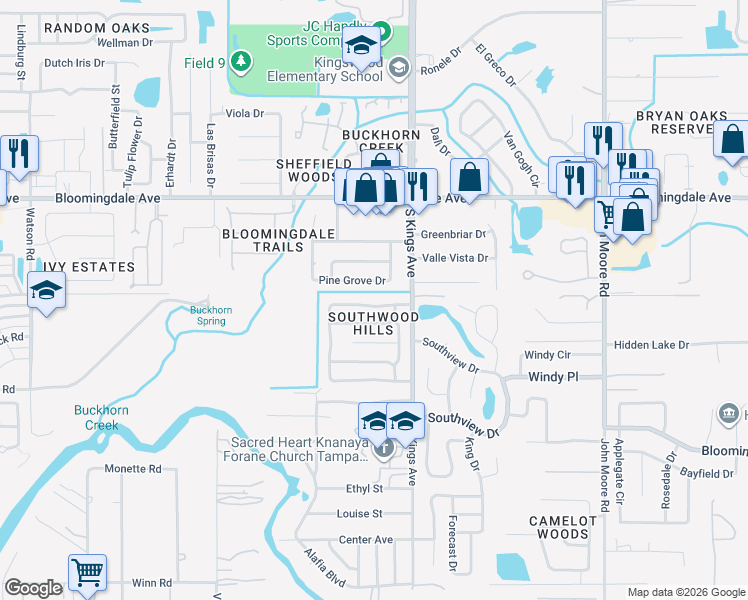 map of restaurants, bars, coffee shops, grocery stores, and more near 3613 Coppertree Circle in Brandon