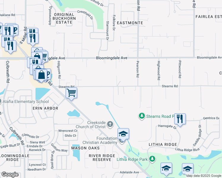 map of restaurants, bars, coffee shops, grocery stores, and more near 3005 Stearns Road in Valrico