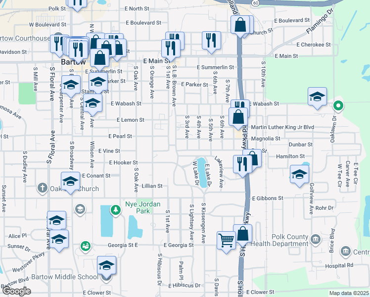 map of restaurants, bars, coffee shops, grocery stores, and more near 910 Seminole Trail in Bartow