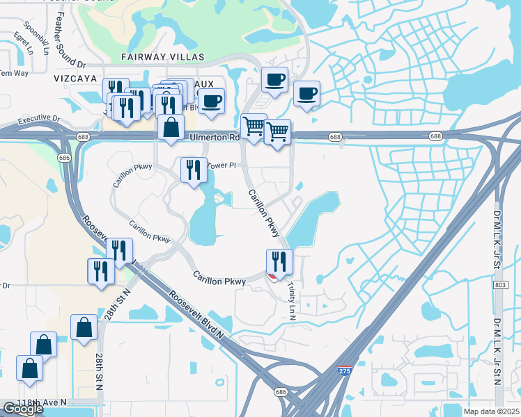 map of restaurants, bars, coffee shops, grocery stores, and more near 300 Carillon Parkway in St. Petersburg