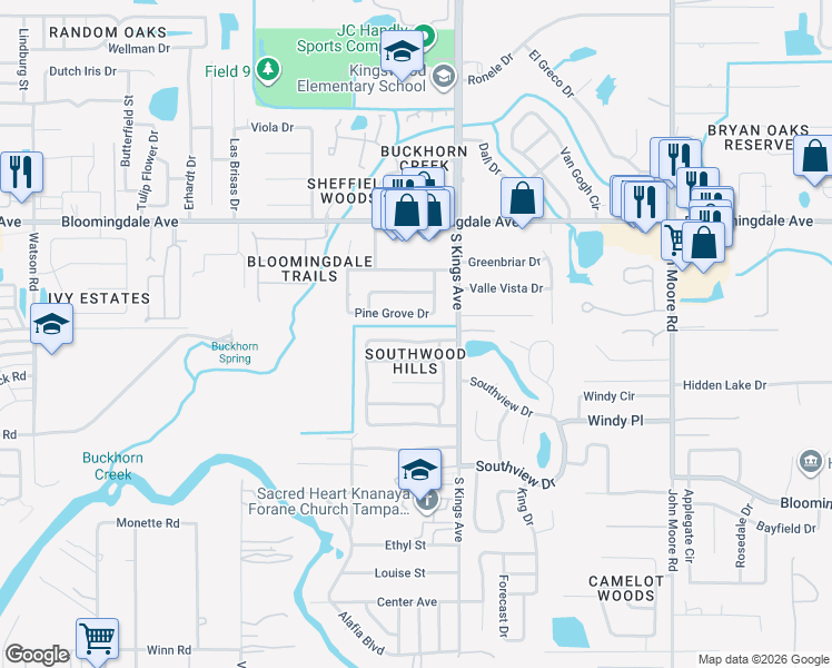 map of restaurants, bars, coffee shops, grocery stores, and more near 3618 Coppertree Circle in Brandon
