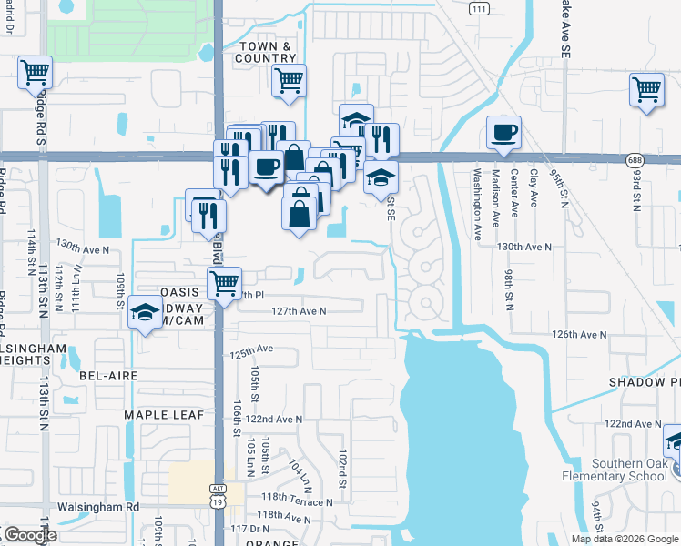 map of restaurants, bars, coffee shops, grocery stores, and more near 12794 102nd Circle North in Largo