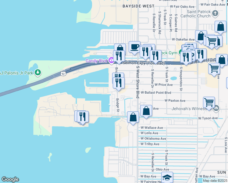 map of restaurants, bars, coffee shops, grocery stores, and more near 5351 Bridge Street in Tampa