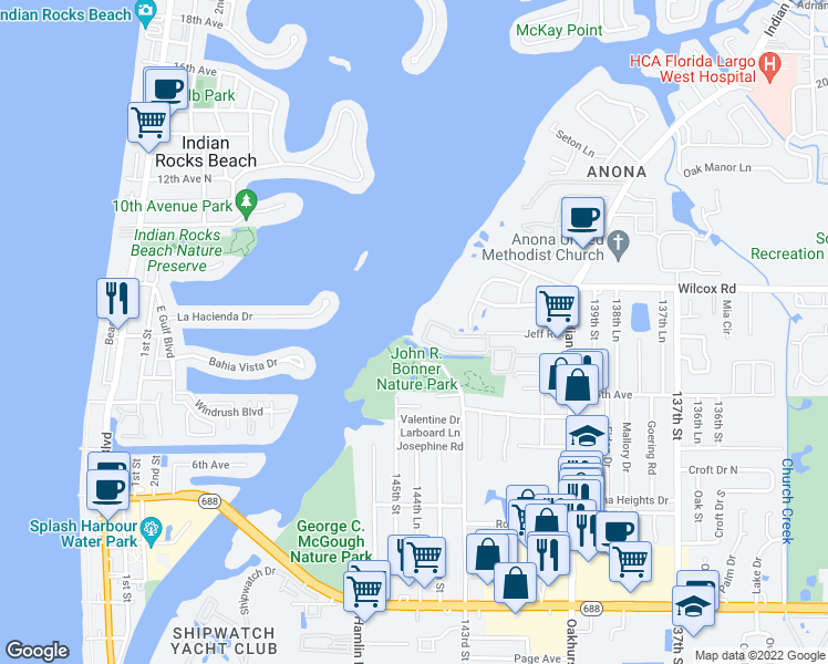 map of restaurants, bars, coffee shops, grocery stores, and more near New Atlantis Club in Largo