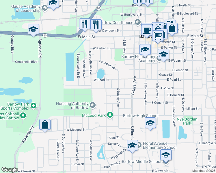 map of restaurants, bars, coffee shops, grocery stores, and more near 795 West Vine Street in Bartow