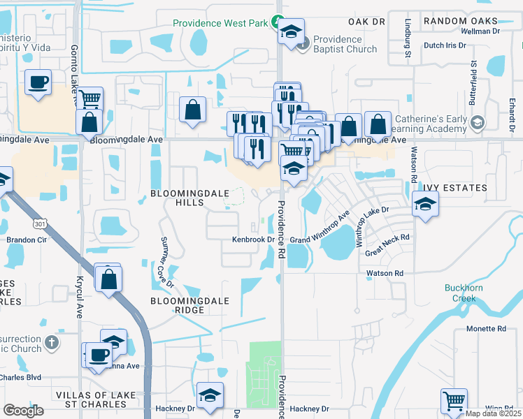 map of restaurants, bars, coffee shops, grocery stores, and more near 6218 Watermark Drive in Riverview