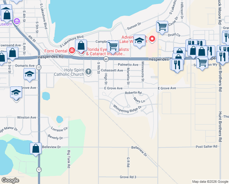 map of restaurants, bars, coffee shops, grocery stores, and more near 951 Sally Road in Lake Wales