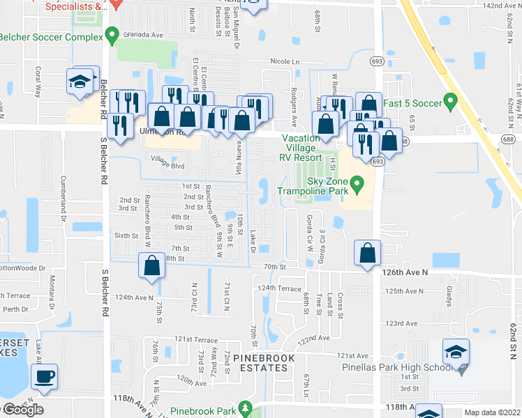 map of restaurants, bars, coffee shops, grocery stores, and more near 7100 Ulmerton Road in Largo