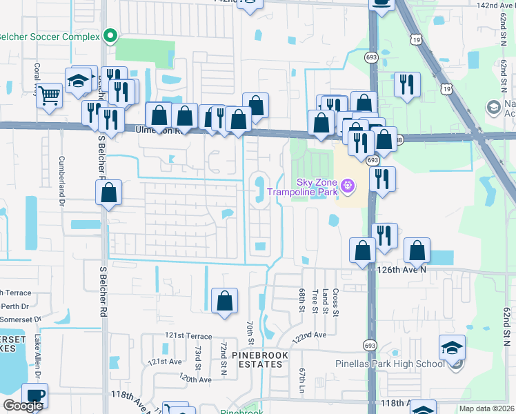 map of restaurants, bars, coffee shops, grocery stores, and more near 2154 Lake Drive in Largo