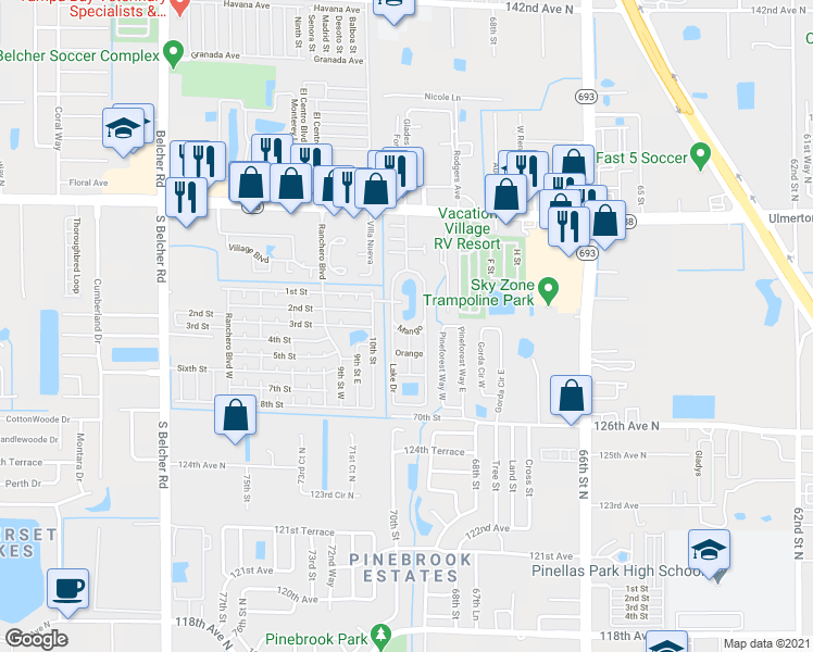 map of restaurants, bars, coffee shops, grocery stores, and more near 2154 Lake Drive in Largo
