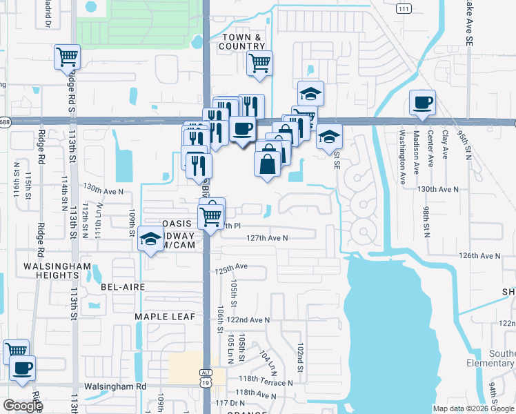 map of restaurants, bars, coffee shops, grocery stores, and more near 12925 Whittington Court in Largo