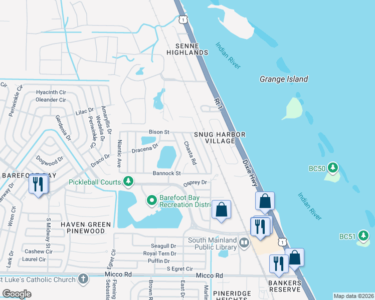 map of restaurants, bars, coffee shops, grocery stores, and more near 7651 Great Bear Lake Drive in Micco