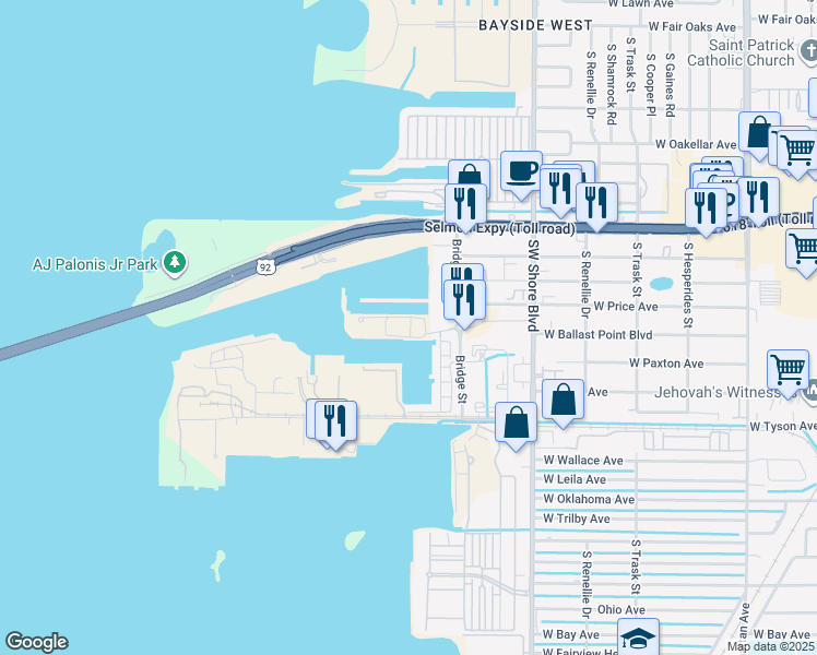 map of restaurants, bars, coffee shops, grocery stores, and more near 5120 Marina Way in Tampa