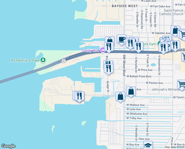 map of restaurants, bars, coffee shops, grocery stores, and more near 5105 West Tyson Avenue in Tampa
