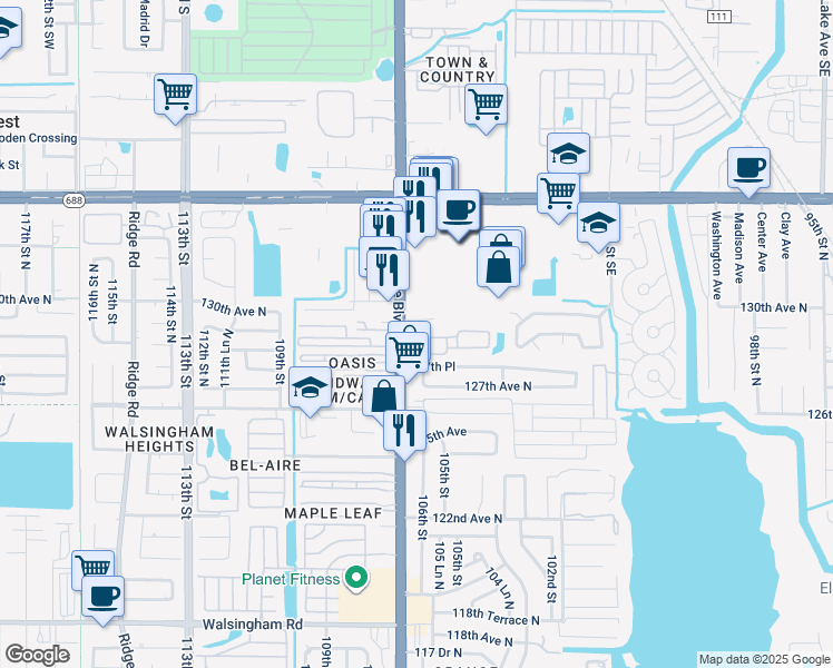 map of restaurants, bars, coffee shops, grocery stores, and more near 12711 Whittington Court in Largo