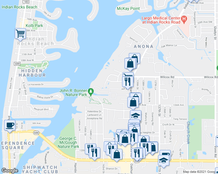 map of restaurants, bars, coffee shops, grocery stores, and more near 12760 Indian Rocks Road in Largo