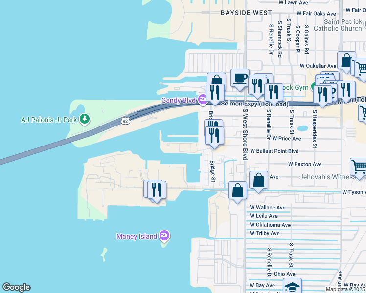 map of restaurants, bars, coffee shops, grocery stores, and more near 5105 West Tyson Avenue in Tampa