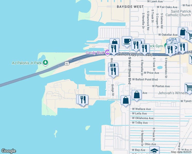 map of restaurants, bars, coffee shops, grocery stores, and more near 5105 West Tyson Avenue in Tampa