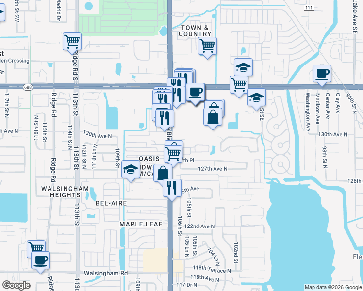 map of restaurants, bars, coffee shops, grocery stores, and more near 12711 Whittington Court in Largo