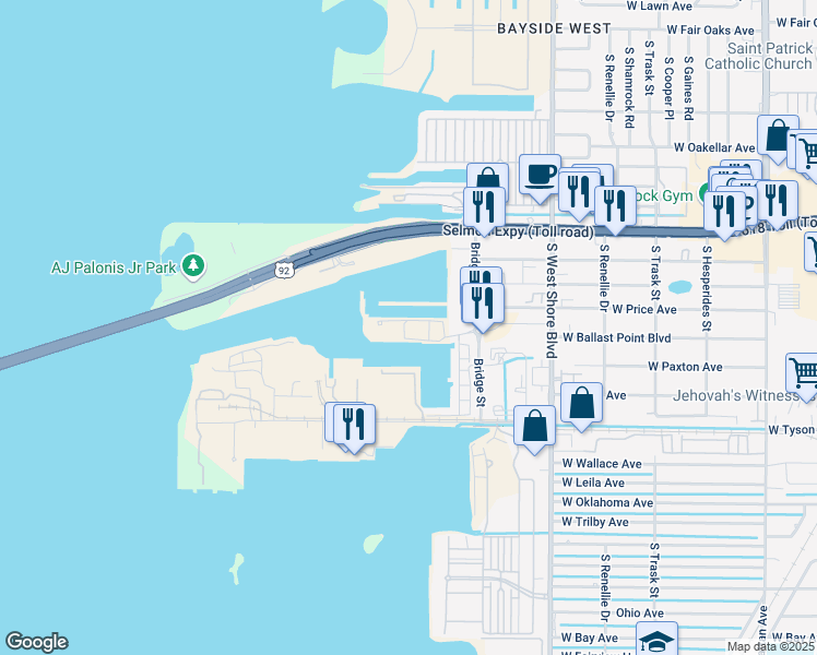 map of restaurants, bars, coffee shops, grocery stores, and more near 5105 West Tyson Avenue in Tampa