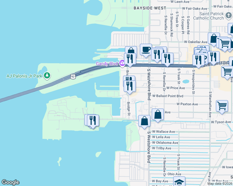 map of restaurants, bars, coffee shops, grocery stores, and more near 5120 Marina Way in Tampa