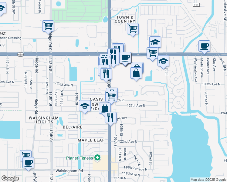 map of restaurants, bars, coffee shops, grocery stores, and more near 12711 Whittington Court in Largo